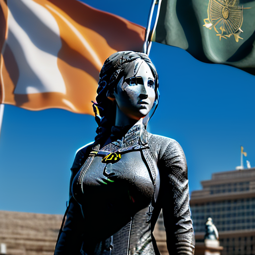 A large statue of Katniss, bow in hand and looking into the distance, stands tall in the central square, surrounded by city-states flag, as people of all ages gather in tribute, their expressions reflecting gratitude, respect, and a determined hope for the future.